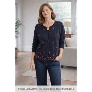 Vintage Coldwater Creek Embroidered Beaded Cardigan L Floral Heritage Knit